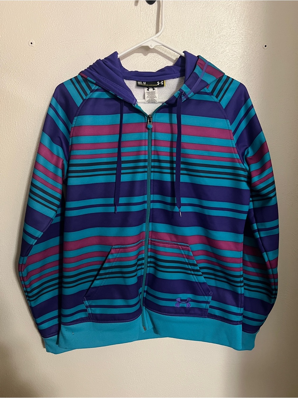 UNDER ARMOUR Striped Athletic Athleisure Full Zip Hoodie Teal Pink Purple Wms M
